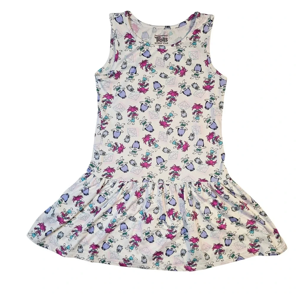 DreamWorks Trolls World Tour Girls Sleeveless Drop Waist Dress White Size M 7/8